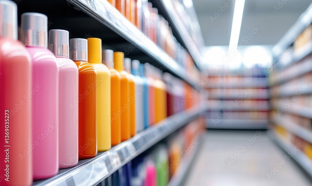 Rows of colorful shampoo and body wash bottles line the shelves of a vibrant store.