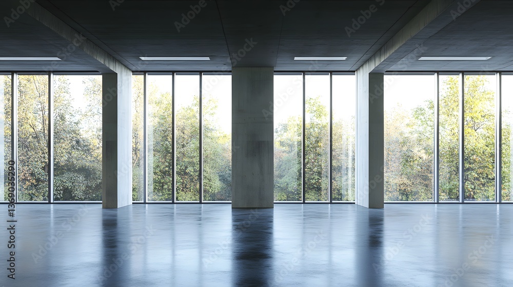 Fototapeta premium Modern concrete hall with glowing windows, embodying simplicity and clean minimalism in architectural design