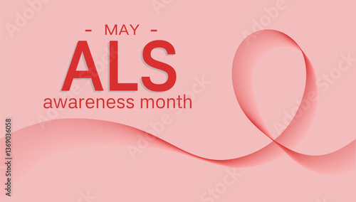 ALS Awareness Month. Red ribbon on pink background. Banner Amyotrophic lateral sclerosis. Control and protection. Medical health care concept. Prevention campaign. Vector illustration header, poster