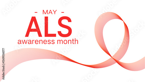 ALS Awareness Month. Red ribbon on white  background. Banner Amyotrophic lateral sclerosis. Control and protection copy space. Medical health care concept. Vector illustration for header, poster