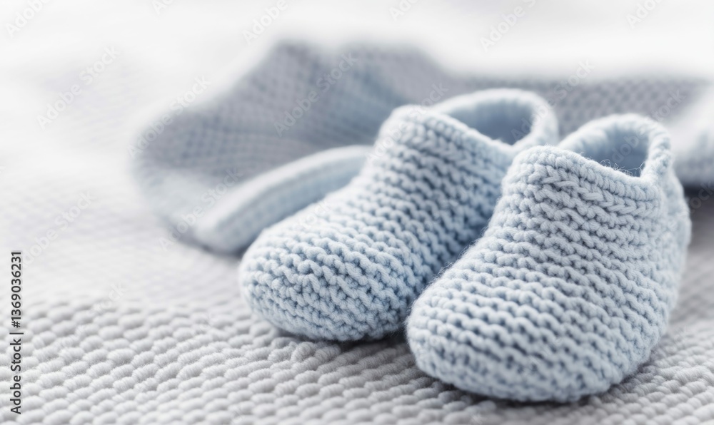Close-up shows a pair of delicate, hand-knitted blue baby booties resting softly on a blanket. Close-up shows a pair of delicate, hand-knitted blue baby booties resting softly on a blanket.