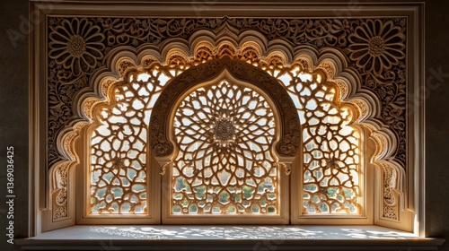Ornate, light-filled, carved window with intricate Islamic-style design.