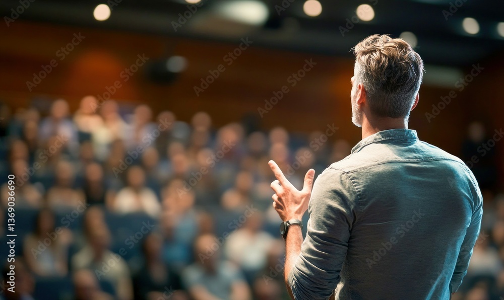 © NovaVision - A speaker engages a large audience during a presentation at a corporate conference event.