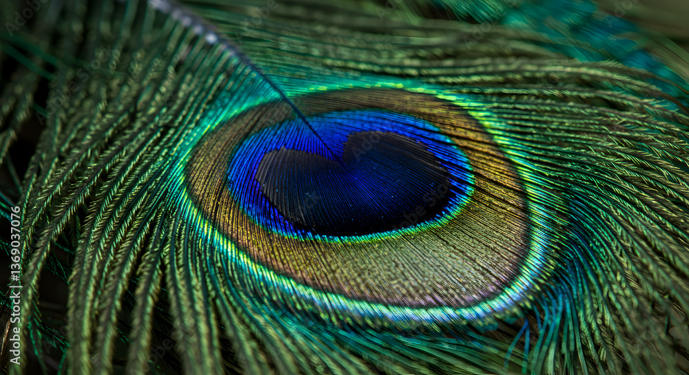 Fototapeta premium Magnificent macro shot displaying vibrant iridescent details of a peacock feather