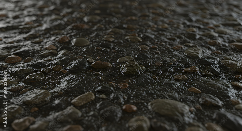 Wet pebbles embedded in dark cement create textured ground surface design Wet pebbles embedded in dark cement create textured ground surface design