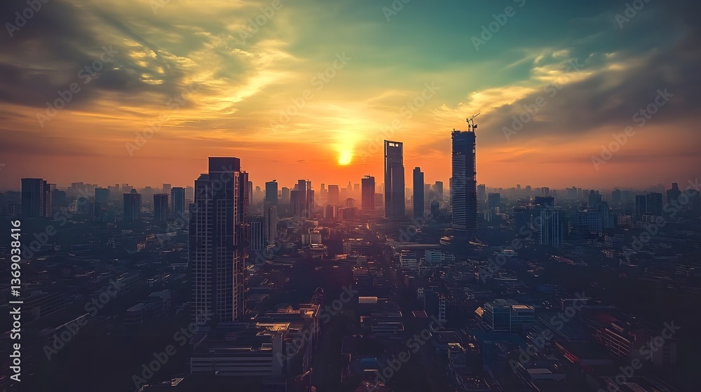 Fototapeta premium Golden Sunset Over Modern Cityscape, A Moment of Urban Tranquility