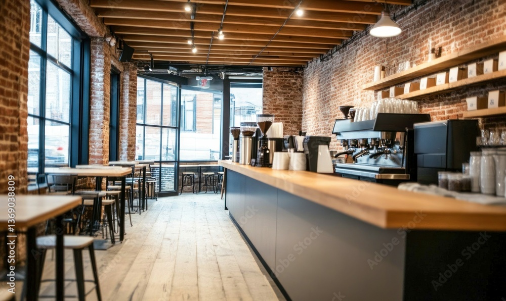 Fototapeta premium The bright and airy interior of a coffee shop features brick walls and modern furniture.