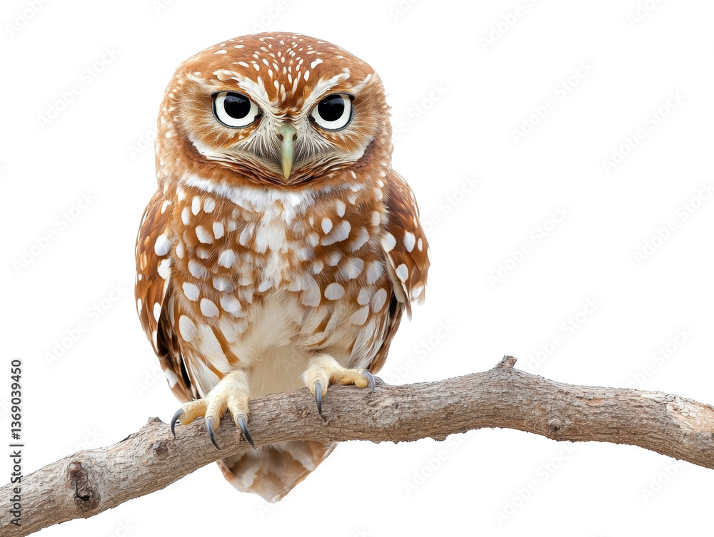 Naklejka premium Curious owl perched on a branch showcasing intricate feather patterns, cut out