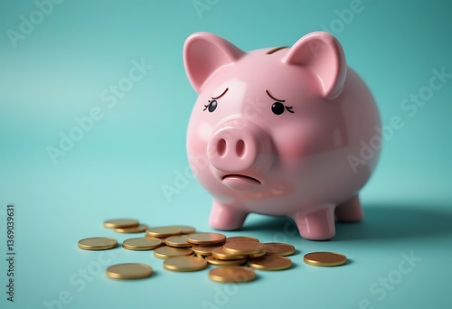 A sad piggy bank with coins scattered on a blue surface representing financial difficulties and loss of money
