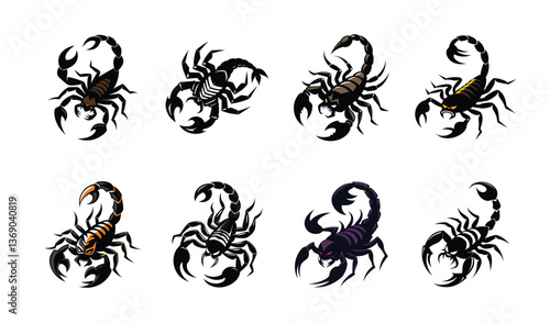 Eight stylized scorpion designs for tattoo or graphic