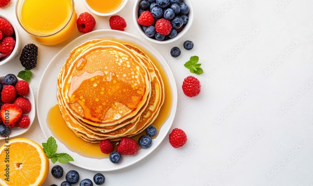 Enjoy a delicious breakfast of fluffy pancakes with fresh berries and a glass of orange juice. Enjoy a delicious breakfast of fluffy pancakes with fresh berries and a glass of orange juice.