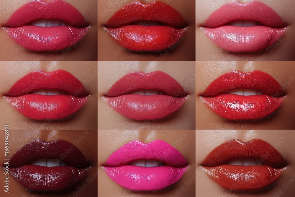 Obraz premium Close-up collage of lips wearing various bold lipstick shades on different skin tones