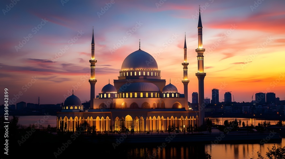 Obraz premium Sunset illuminates a mosque by the water