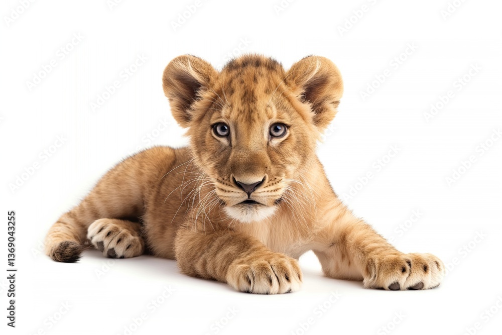 A cute lion cub lying down and looking directly at the camera A cute lion cub lying down and looking directly at the camera