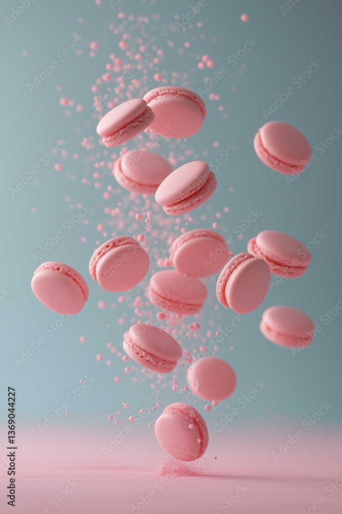 Fototapeta premium Pink macarons fall gracefully through the air on a soft blue-pink background