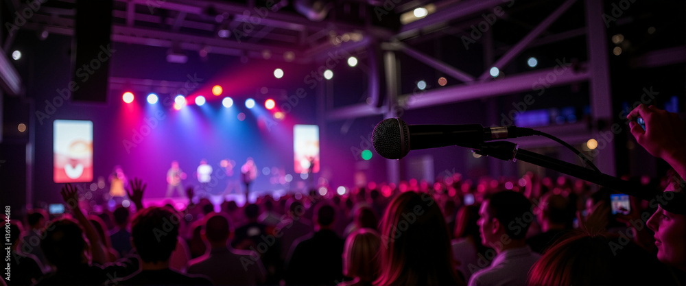 Vibrant microphone illuminated at lively concert, electrifying atmosphere Vibrant microphone illuminated at lively concert, electrifying atmosphere