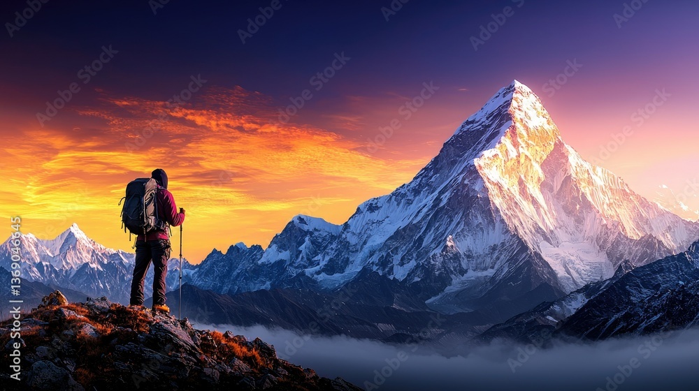 Fototapeta premium Majestic Mountain Peak at Sunset: A Hiker's Triumph