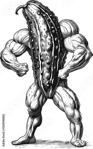 cartoon muscular cucumber pickle character with flexed arms, combining humor, strength, and quirky charm sketch engraving generative ai vector illustration