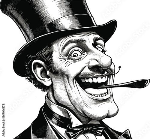 Silly stupid facial expression gentleman with curled mustache and top hat sticking out his tongue sketch engraving generative ai raster illustration.