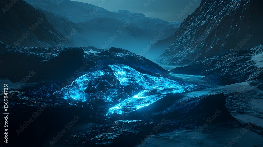 Ancient glacier with embedded fossils, glowing light symbolizing evolution, Earth landscape in soft focus Ancient glacier with embedded fossils, glowing light symbolizing evolution, Earth landscape in soft focus