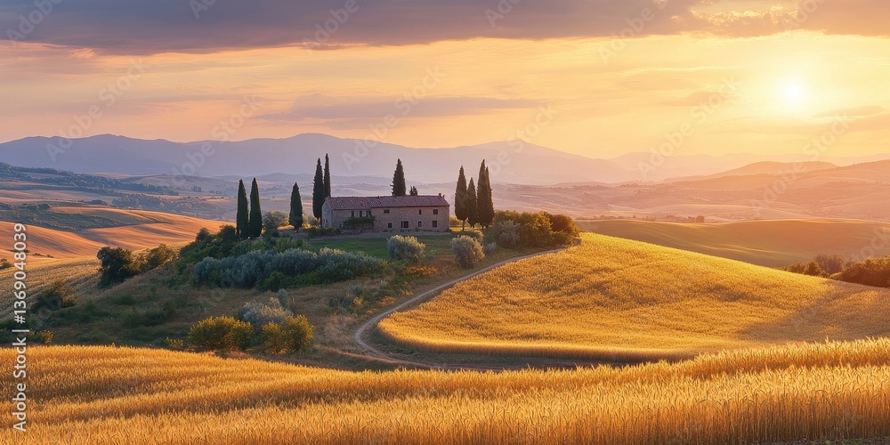 Fototapeta premium Serene landscape featuring rolling hills, cypress trees, and a rustic farmhouse at sunset.