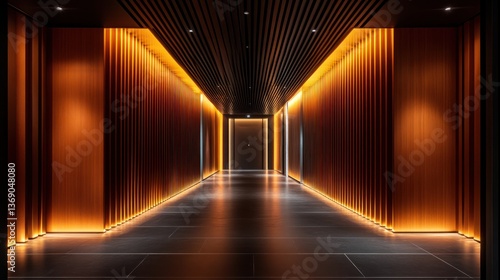 Luxury hotel corridor, warm lighting, dark ceiling, entrance
