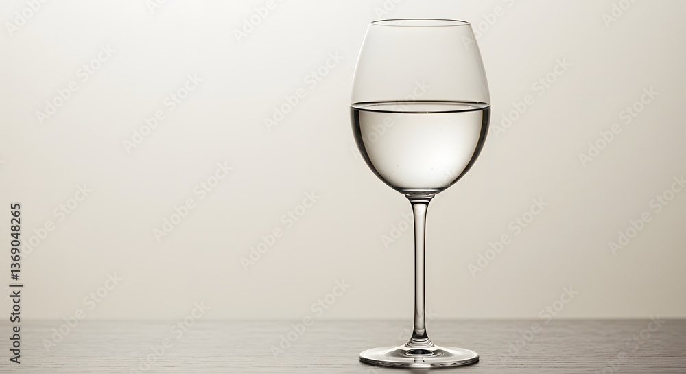 Obraz premium Half-Full Wine Glass on Wooden Surface Against Neutral Background