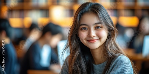 Wallpaper Mural university student, blurred library background with classmates working on computers Torontodigital.ca