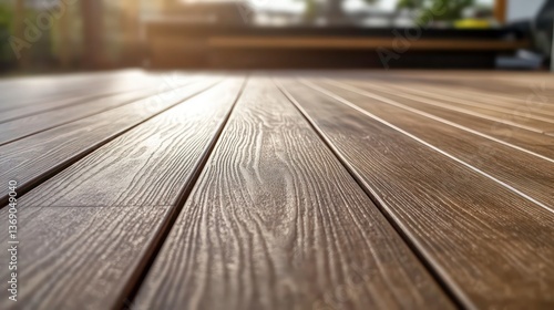 Wallpaper Mural Brown composite decking material planks form terrace surface. Close-up view shows high-quality deck structure. Construction of backyard patio underway. Pro builders working on residential home Torontodigital.ca