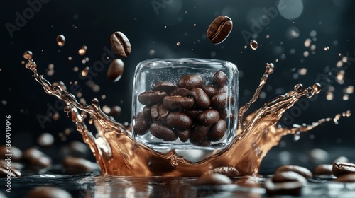 Coffee beans in ice splash, a rich, dark, and invigorating beverage concept.