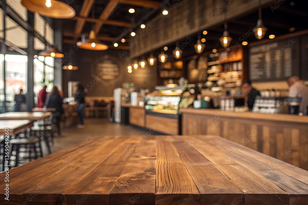Rustic Wooden Table in a Cozy Coffee Shop Setting with Warm Lighting and Blurred Background Rustic Wooden Table in a Cozy Coffee Shop Setting with Warm Lighting and Blurred Background