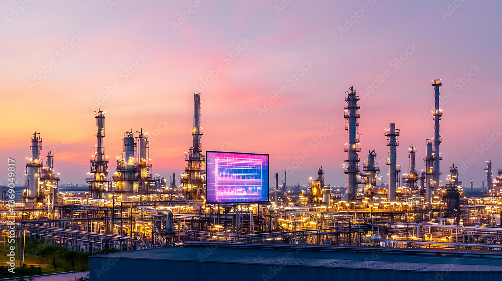 Illuminated Oil Refinery Complex At Sunset Illuminated Oil Refinery Complex At Sunset