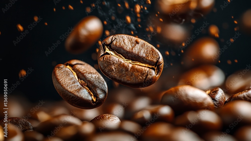 Roasted beans cascading against a dark background, rich aromatic coffee theme Roasted beans cascading against a dark background, rich aromatic coffee theme