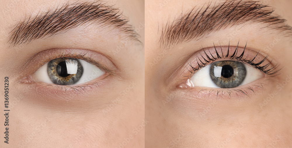 Fototapeta premium Woman showing her eyelashes before and after lamination procedure, closeup. Collage of photos