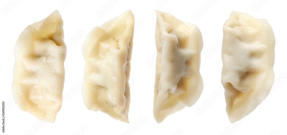 Tasty boiled gyoza (dumplings) on white background, set Tasty boiled gyoza (dumplings) on white background, set