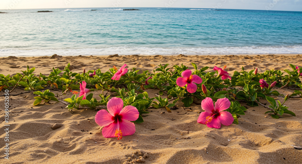 Pink hibiscus blossoms thrive on a tranquil beach, their vibrant petals a joyful contrast to the soft, golden sand and calm ocean waves. Pink hibiscus blossoms thrive on a tranquil beach, their vibrant petals a joyful contrast to the soft, golden sand and calm ocean waves.