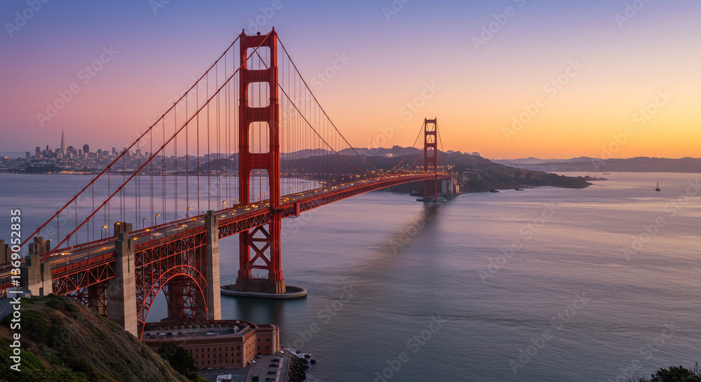 Fototapeta premium Golden Gate Bridge at sunset, a majestic icon silhouetted against a vibrant sky, casting a long shadow across the tranquil waters, showcasing the city skyline in the distance.