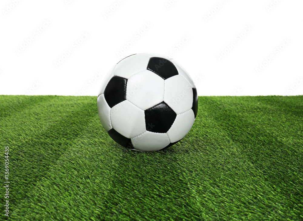 Football field with markings and soccer ball on green turf Football field with markings and soccer ball on green turf