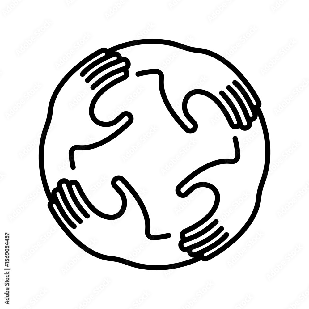 Four united hands in circle shape. Teamwork outline icon. Togetherness and cooperation concept. Vector illustration Four united hands in circle shape. Teamwork outline icon. Togetherness and cooperation concept. Vector illustration