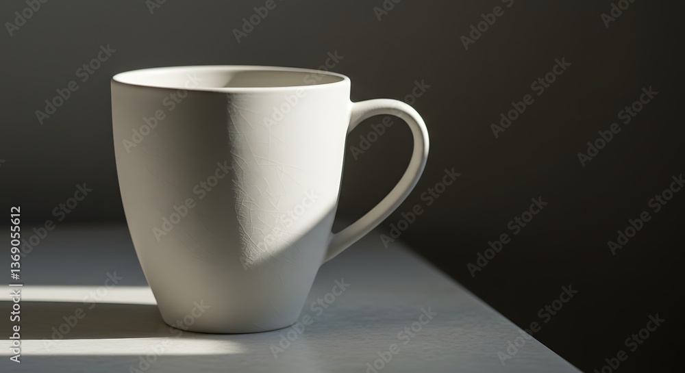 Obraz premium White Coffee Mug on Table with Sunlight and Shadow