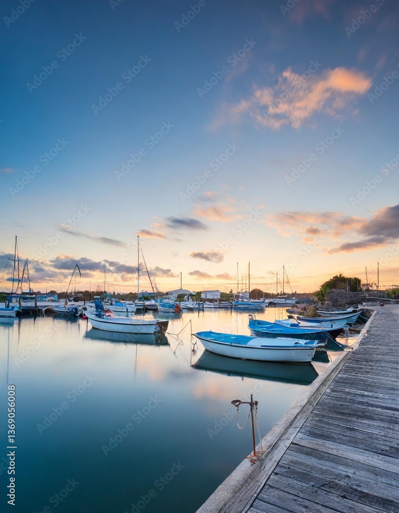 Fototapeta premium Boats Bobbing Quietly in a Harbor Under a Fading Evening Sky