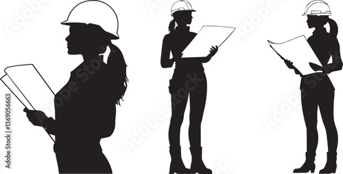 Silhouette of a female construction worker holding a blueprint and wearing a hard hat vector silhouette