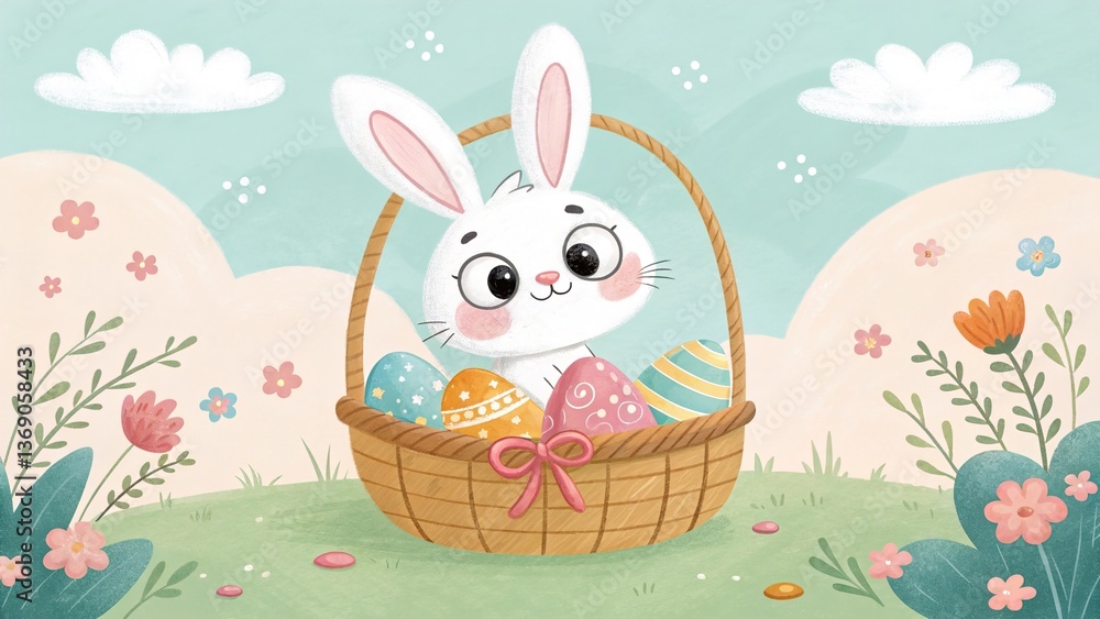 Easter Bunny in Basket – Whimsical Card Design with Floral Eggs and Spring Foliage Easter Bunny in Basket – Whimsical Card Design with Floral Eggs and Spring Foliage