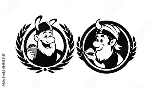 Cartoon viking and troll mascot logos black and white
