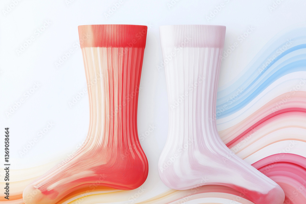 Colorful socks displayed against a light background with flowing color patterns in a minimalist style. Colorful socks displayed against a light background with flowing color patterns in a minimalist style.