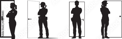 Silhouette of a female security guard standing with arms crossed in front of a door vector silhouette
