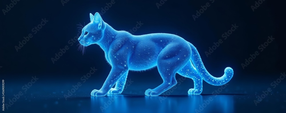 Fototapeta premium Minimalistic blue feline figure made from light particles, shape, sculpture
