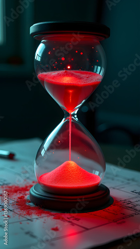 A hacking hourglass measures time until data compromise, its flowing packets turning to ransom demands.