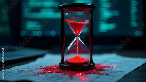 A hacking hourglass measures time until data compromise, its flowing packets turning to ransom demands.