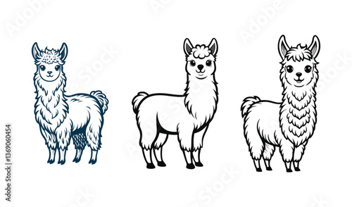 Three cute llama illustrations line art set
